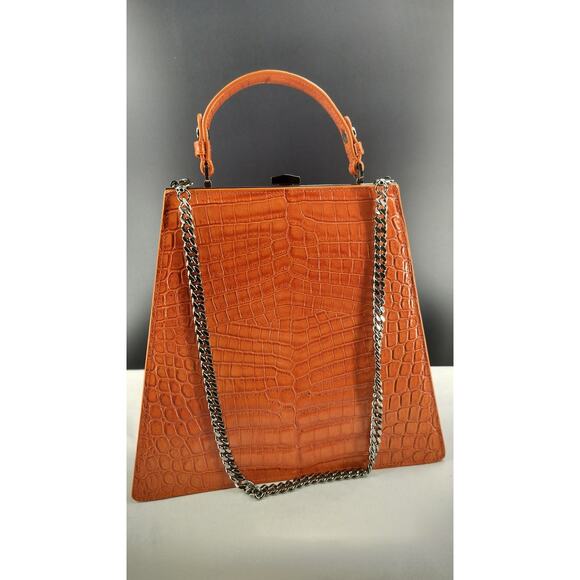 CHÀNTA Large Orange Croc-Embossed Calf Luxury Leather handbag - Picture 10 of 14